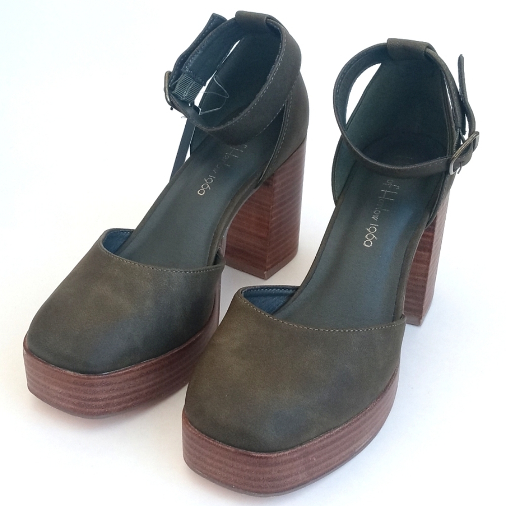 House of Harlow 1960 Olive Green Square Toe Ankle Strap Platform Heels 8M - Picture 13 of 16